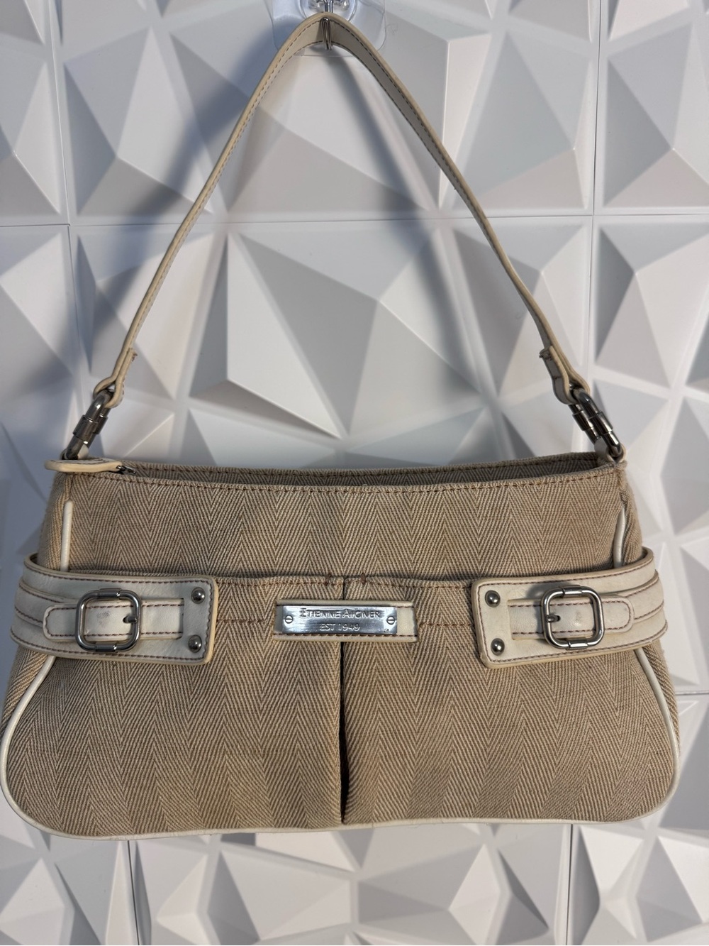 Etienne Aigner Beige Canvas Shoulder Bag with Cream Trim